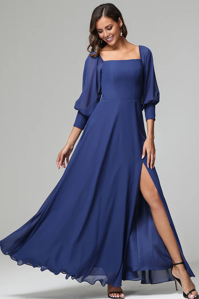 Square Neck Chiffon Three-Quarter Sleeve High Slit Floor-Length Wedding Dress - Chloe Dress