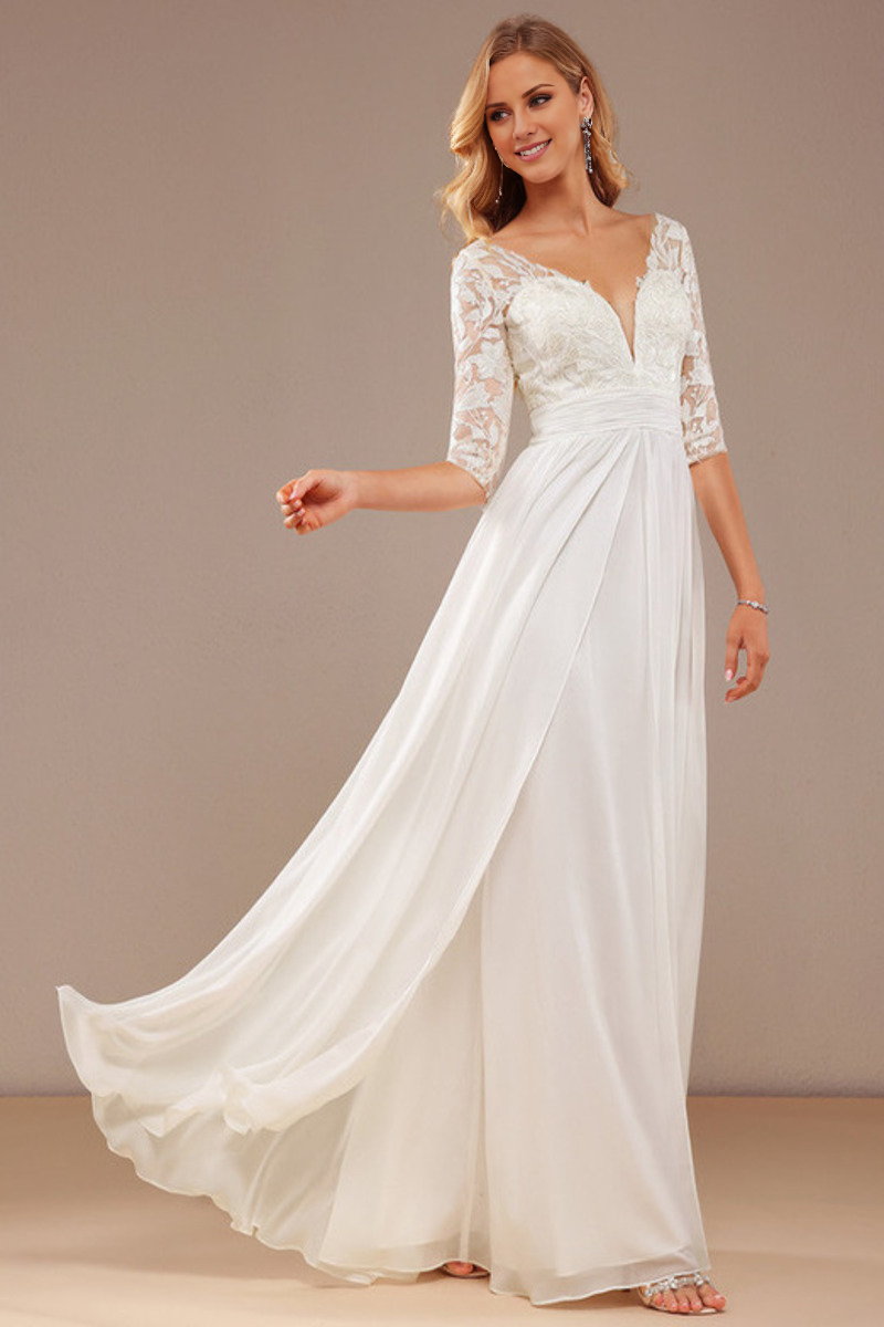 A-Line V-Neck Chiffon Three-Quarter Sleeve Ruffled Wedding Dress - Chloe Dress