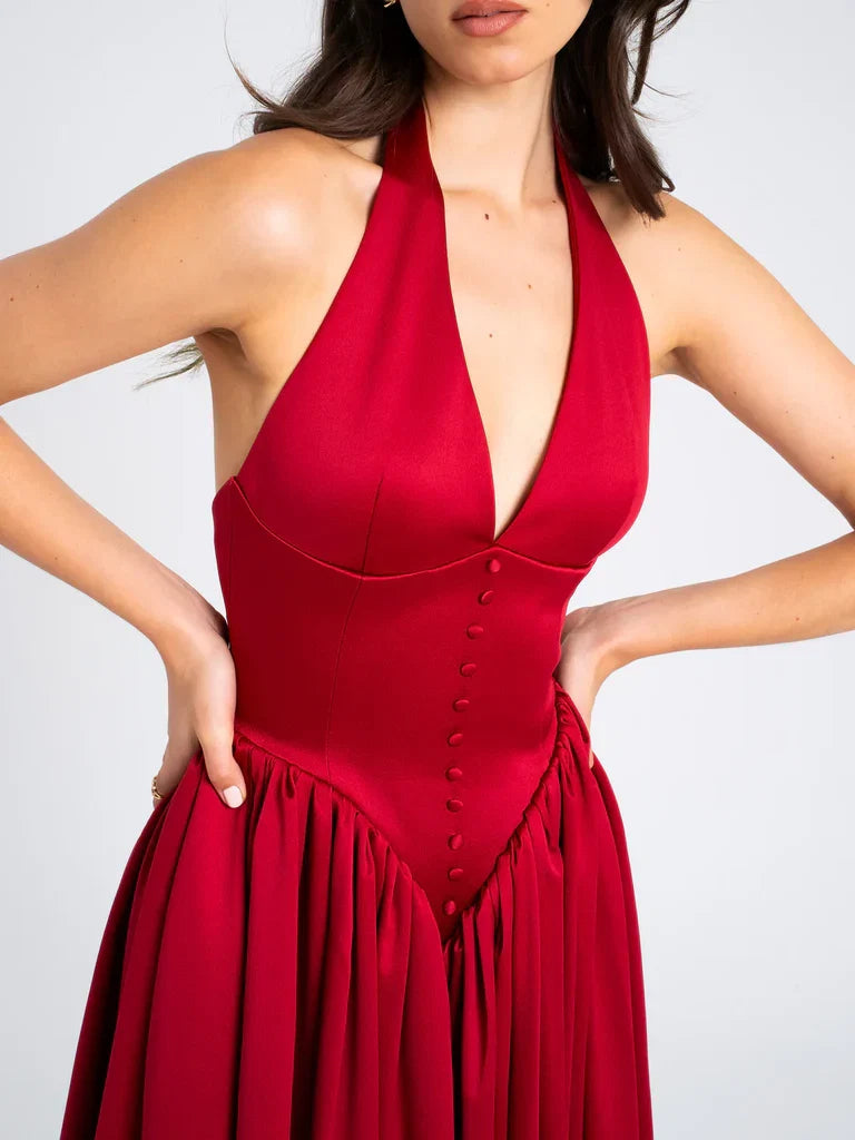 Red V-Neck Backless Evening Gown - Chloe Dress