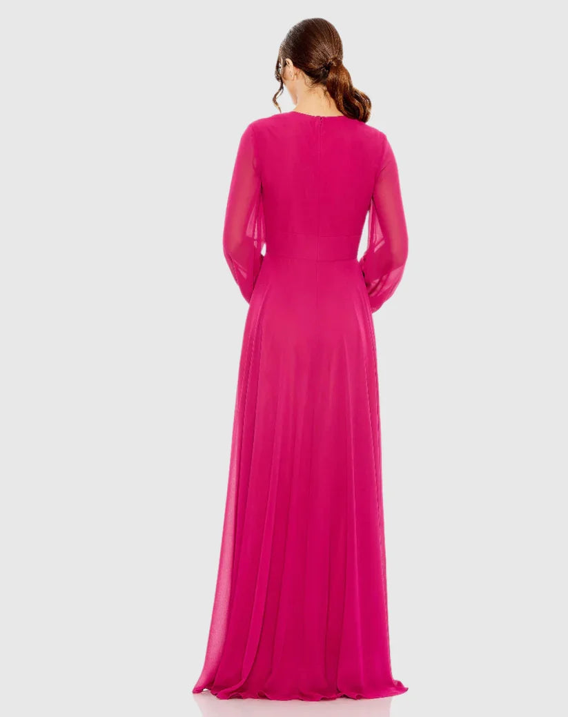 V-Neck Chiffon Long Sleeve High Slit Floor-Length Evening Dress - Chloe Dress