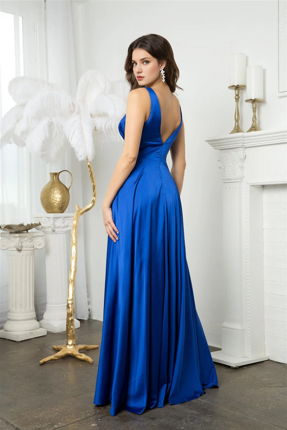 A-Line Satin Long Sleeve High Slit Dress - Chloe Dress