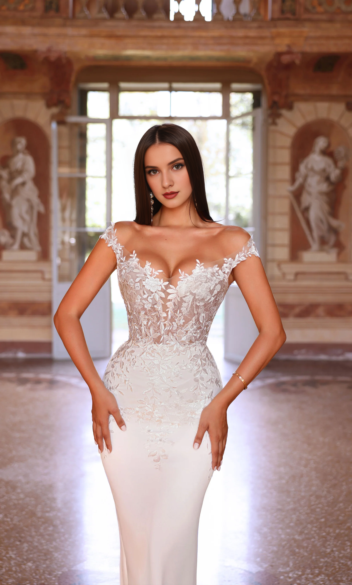 Off-Shoulder Satin Lace-Up Back Wedding Dress - Chloe Dress