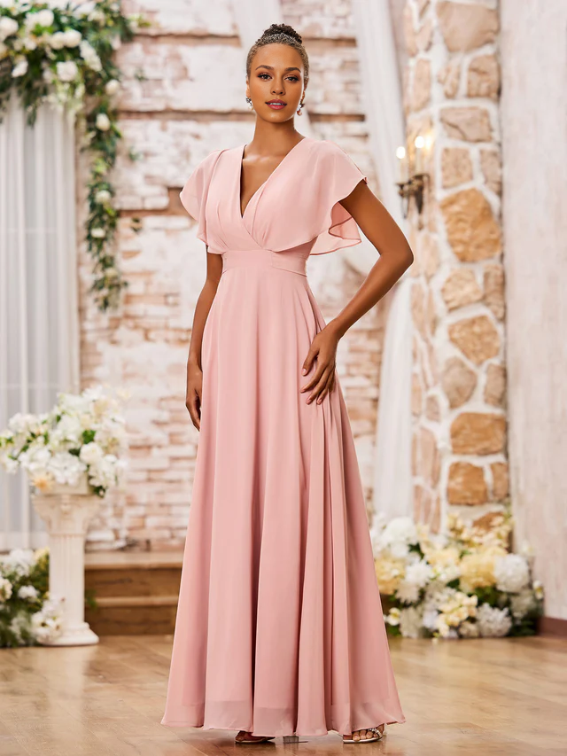 A-Line V-Neck Chiffon Floor-Length Wedding Dress - Chloe Dress