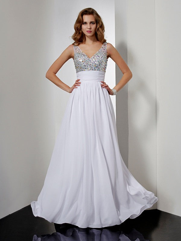 A-Line V-Neck Chiffon Sleeveless Rhinestone Dress - Chloe Dress