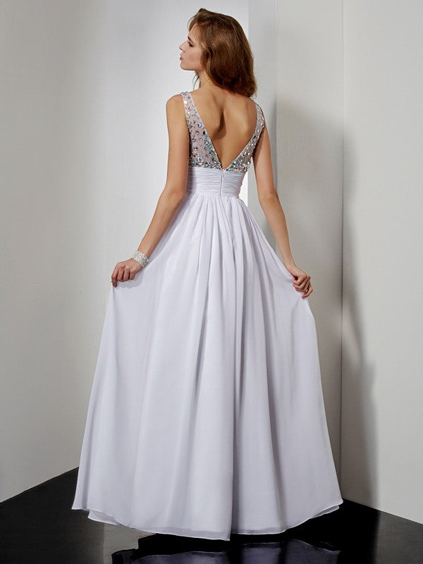 A-Line V-Neck Chiffon Sleeveless Rhinestone Dress - Chloe Dress