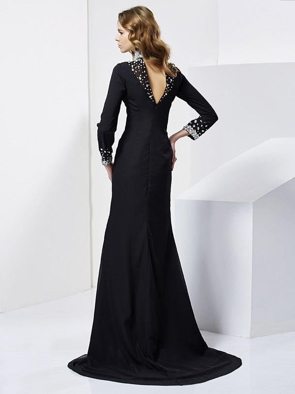 Sheath High Neck Chiffon Long Sleeve Rhinestone Dress - Chloe Dress