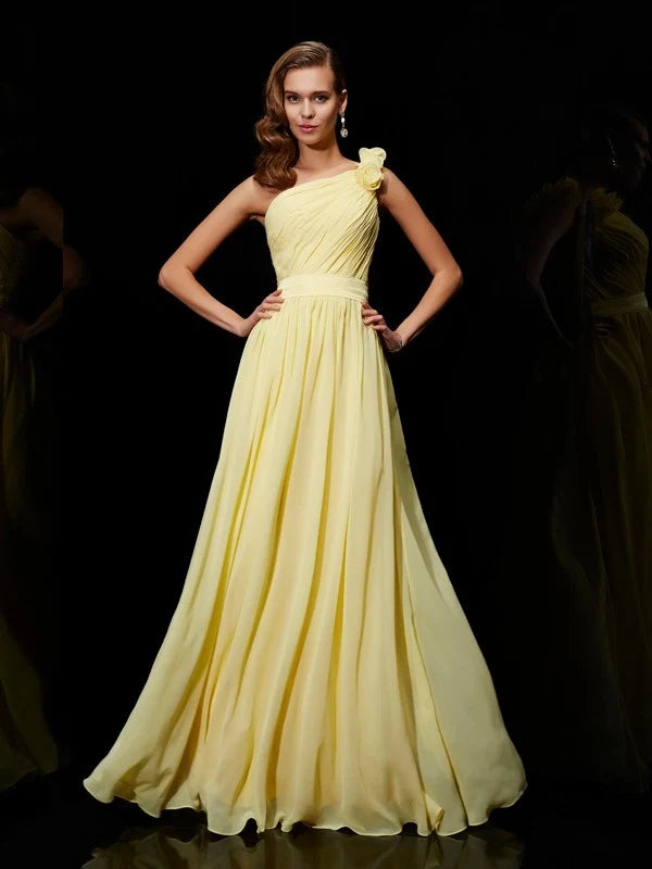 Yellow One‑Shoulder 3D Floral Chiffon A‑Line Bridesmaid Dresses