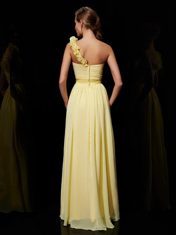 Yellow One‑Shoulder 3D Floral Chiffon A‑Line Bridesmaid Dresses
