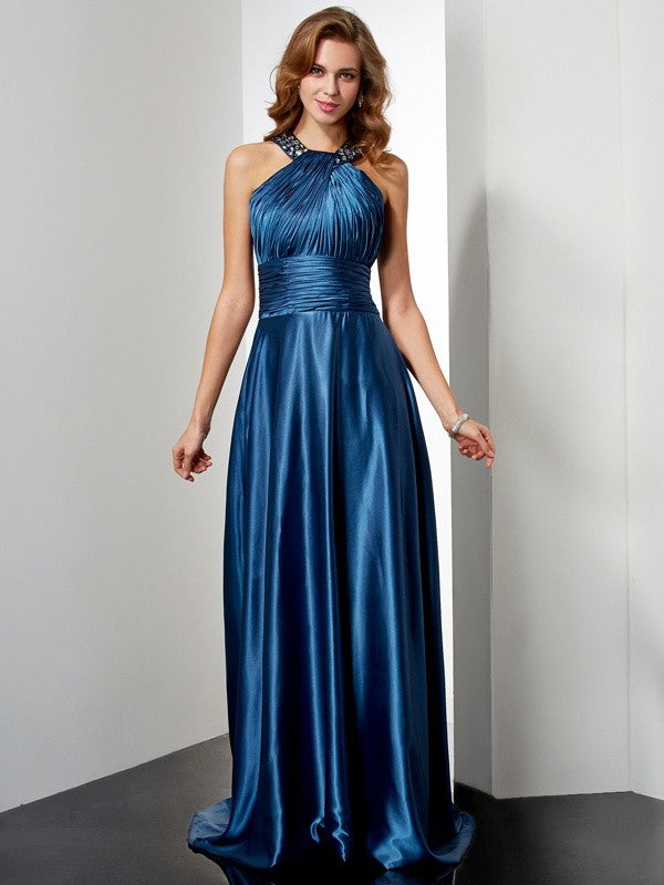 A-Line Halter Satin Sleeveless Ruffled Dress - Chloe Dress