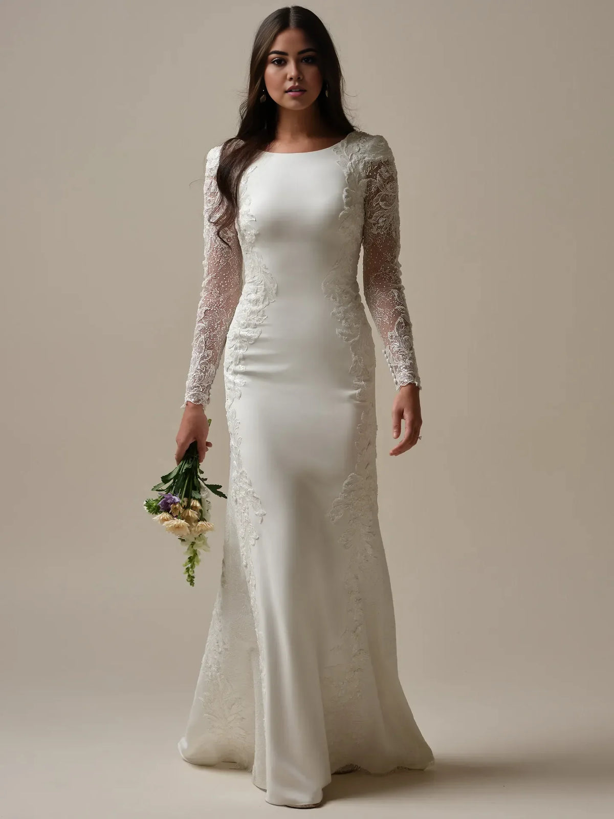 White Long Sleeve Lace Mermaid Satin Wedding Dresses