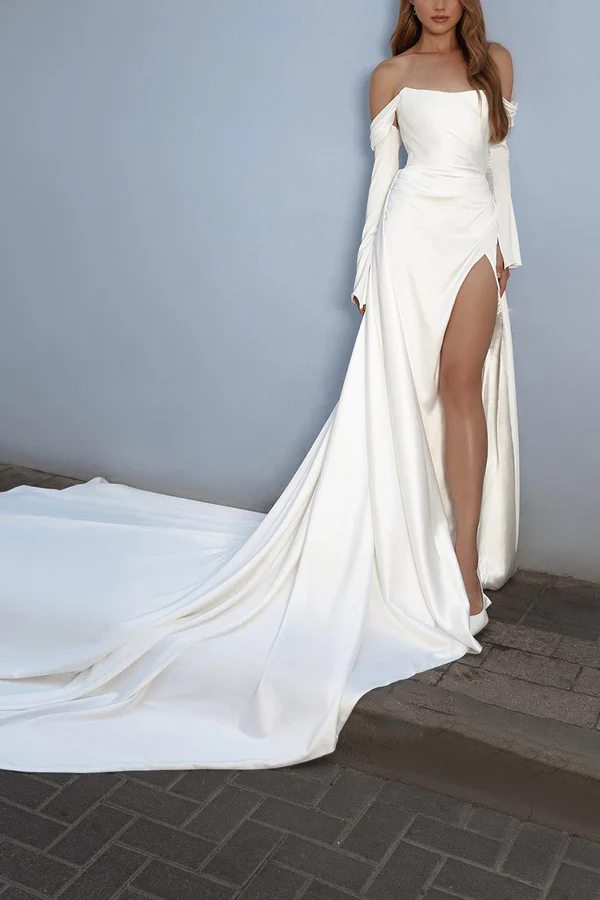 Empire Waist Long Sleeve High Slit Wedding Dress - Chloe Dress