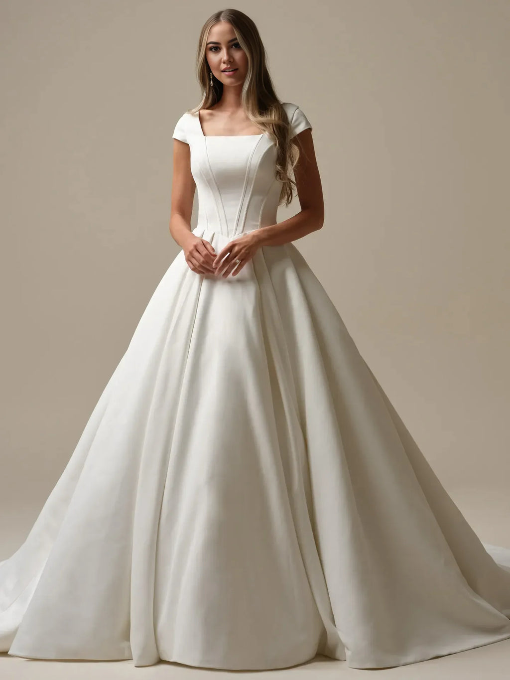 White Cap Sleeve Square Neck Ball Gown Satin Wedding Dresses