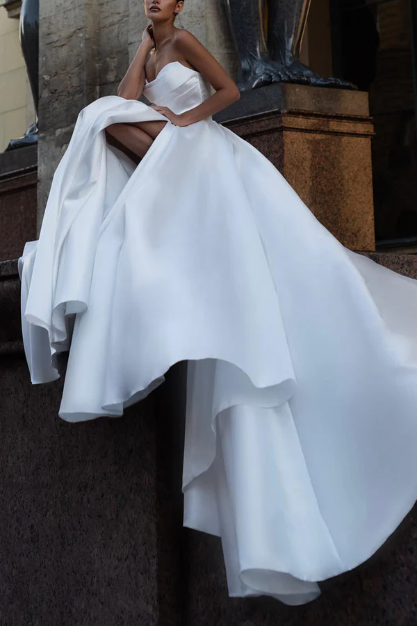 Strapless Satin Sleeveless High Slit Wedding Dress - Chloe Dress