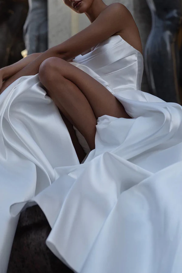 Strapless Satin Sleeveless High Slit Wedding Dress - Chloe Dress