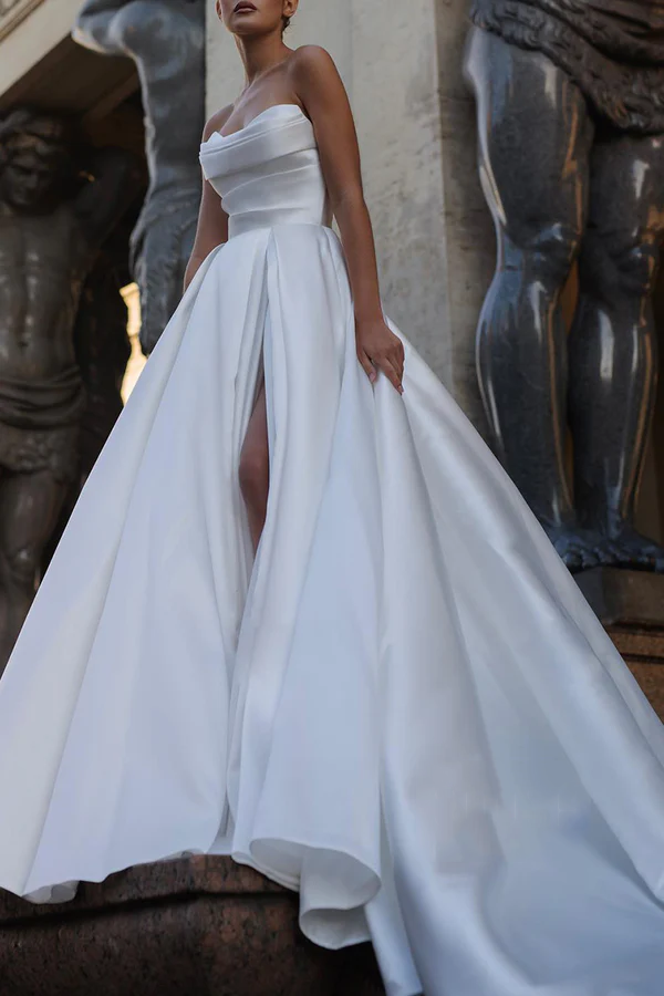 Strapless Satin Sleeveless High Slit Wedding Dress - Chloe Dress