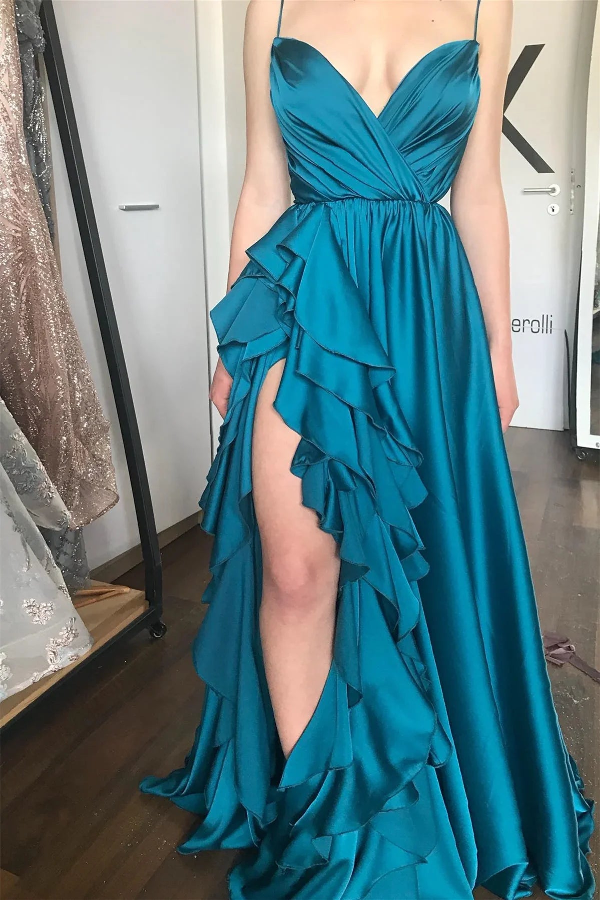 Blue V-Neck Sleeveless High Slit Prom Dress - Chloe Dress
