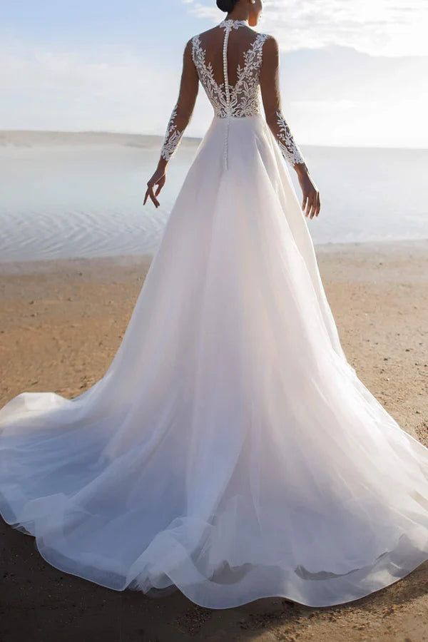 A-Line Illusion Lace Long Sleeve Wedding Dress - Chloe Dress