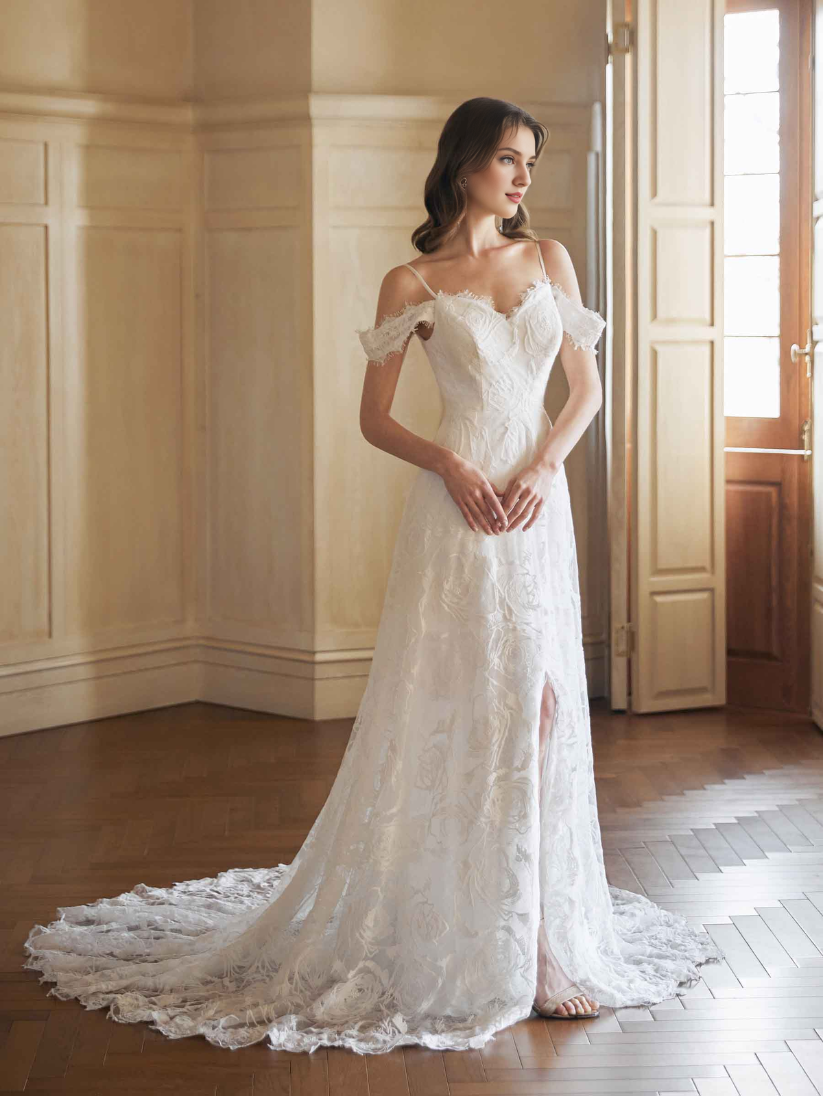 A-Line V-Neck Lace Backless High Slit Wedding Dress - Chloe Dress