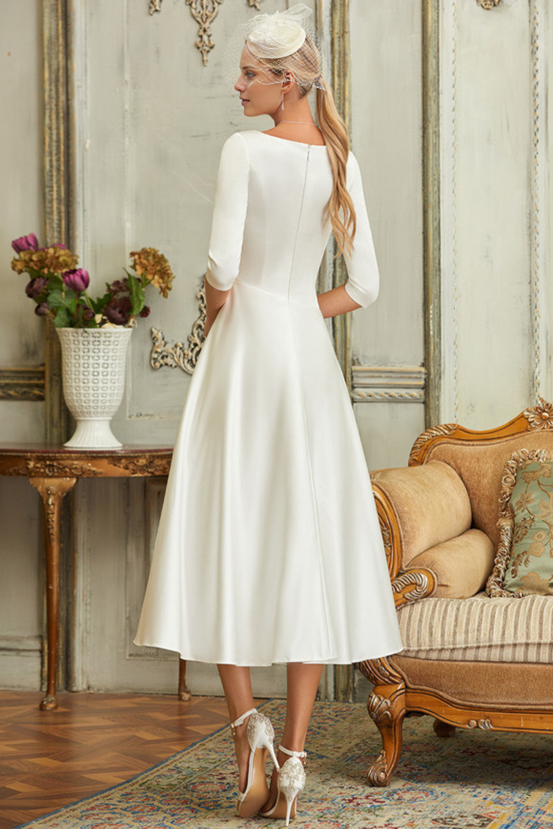 A-Line V-Neck Satin Three-Quarter Sleeve Tea-Length Wedding Dress - Chloe Dress