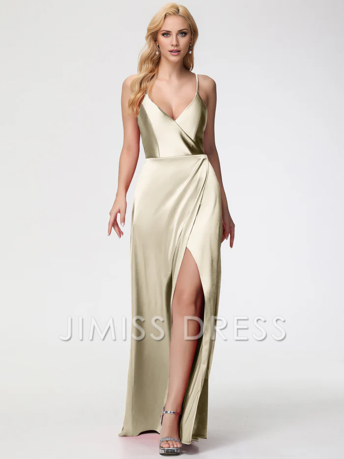 V-Neck Satin Lace-Up Back High Slit Prom Dress - Chloe Dress