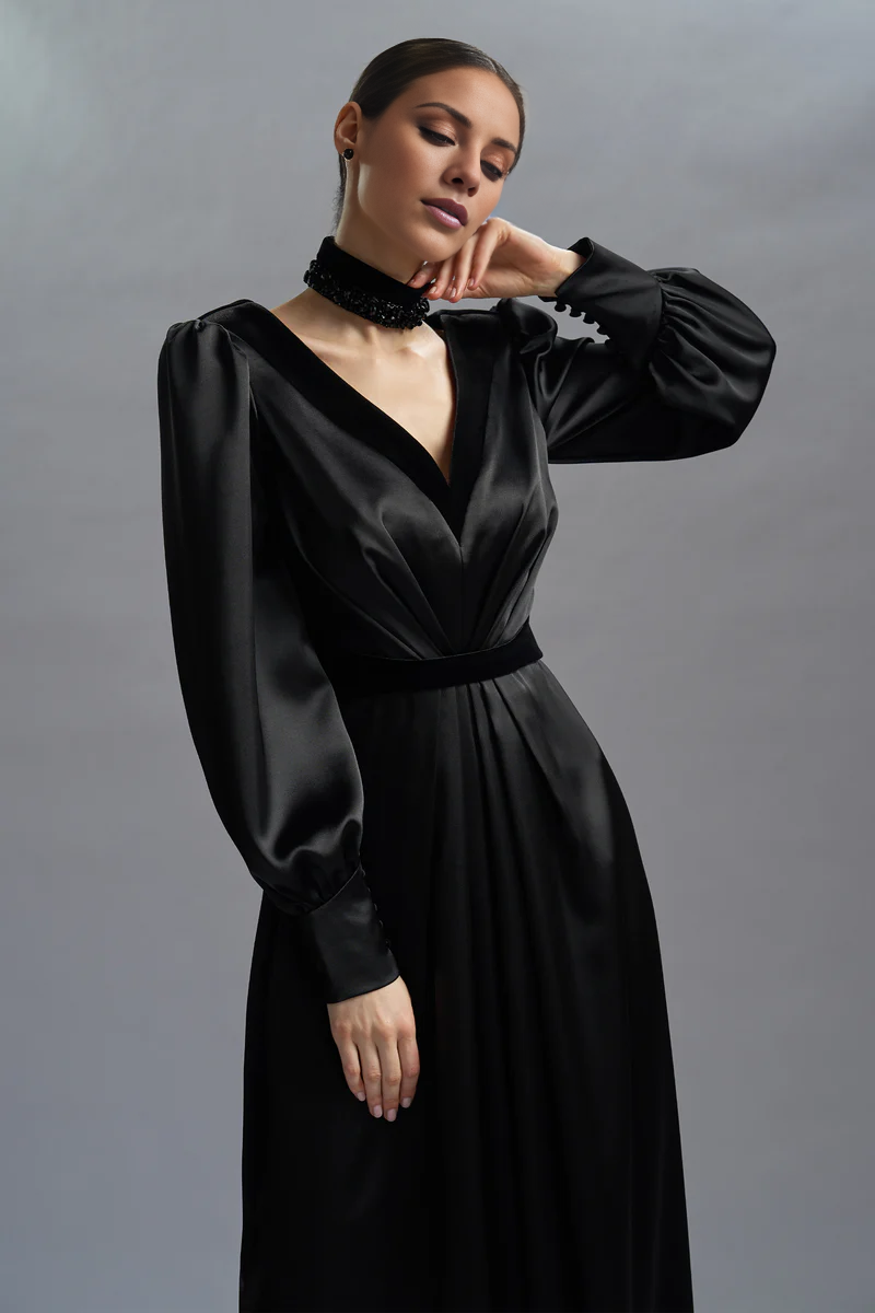 V-Neck Satin Long Sleeve Floor-Length Evening Gown - Chloe Dress