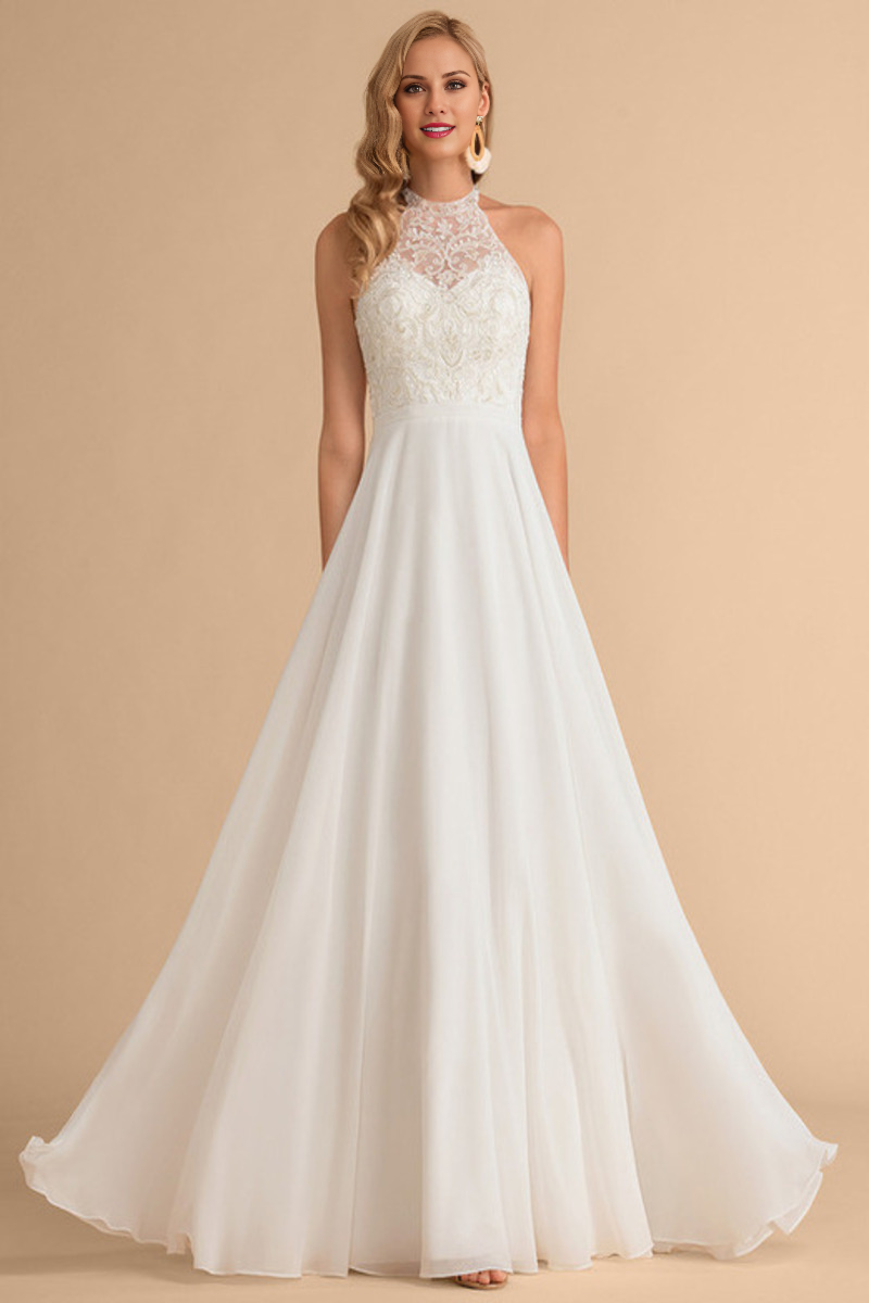 A-Line High Neck Chiffon Sleeveless Wedding Dress - Chloe Dress