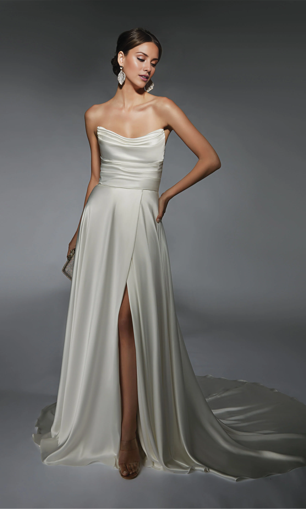 Off-Shoulder Satin Backless High Slit Wedding Dress - Chloe Dress