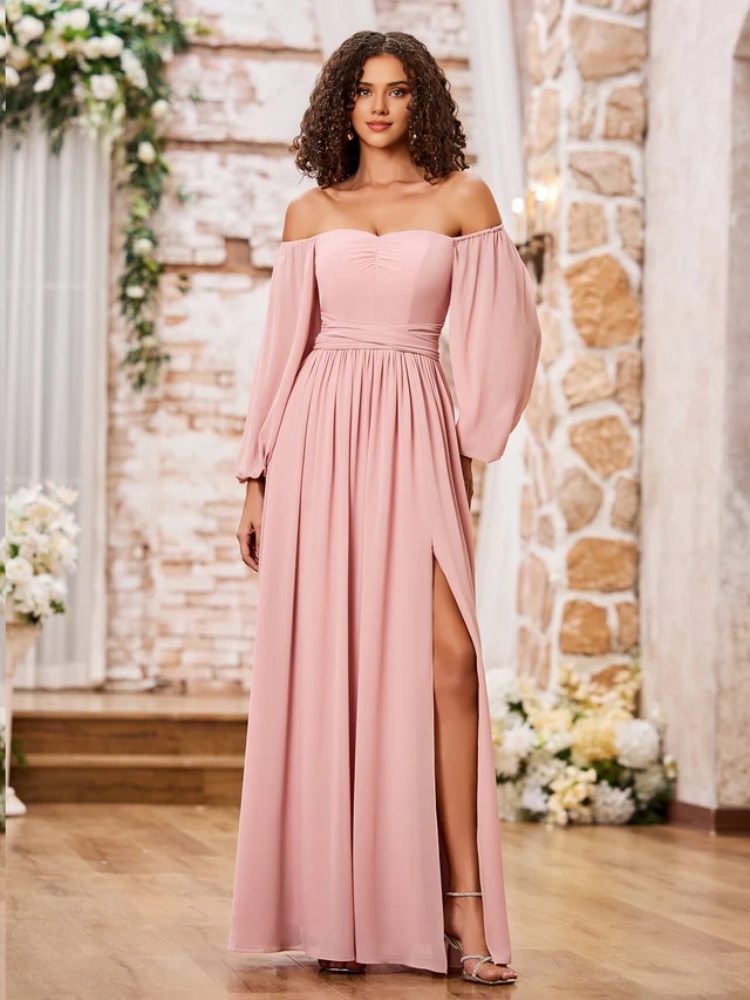 A-Line Off-Shoulder Chiffon High Slit Floor-Length Wedding Dress - Chloe Dress