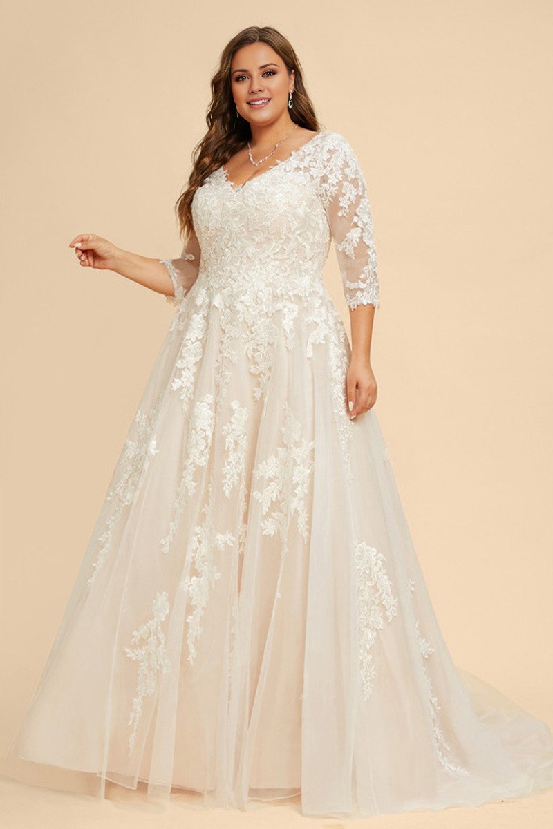 A-Line V-Neck Chiffon Three-Quarter Sleeve Wedding Dress - Chloe Dress