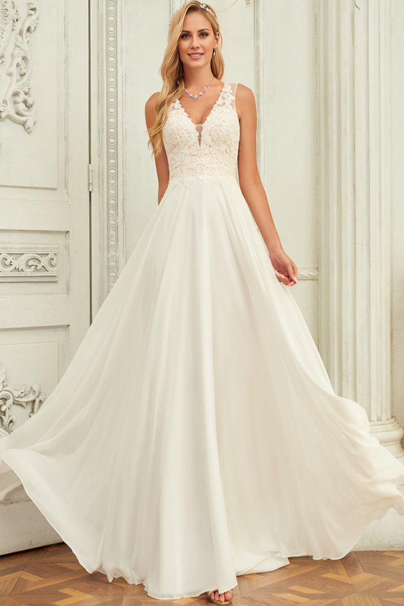 A-Line V-Neck Chiffon Sleeveless Wedding Dress - Chloe Dress