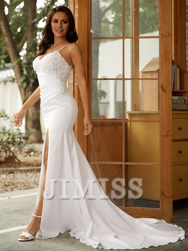 Sheath V-Neck Lace Sleeveless Train Wedding Dress - Chloe Dress