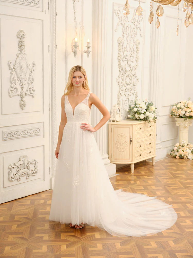 A-Line V-Neck Embroidered Wedding Dress - Chloe Dress