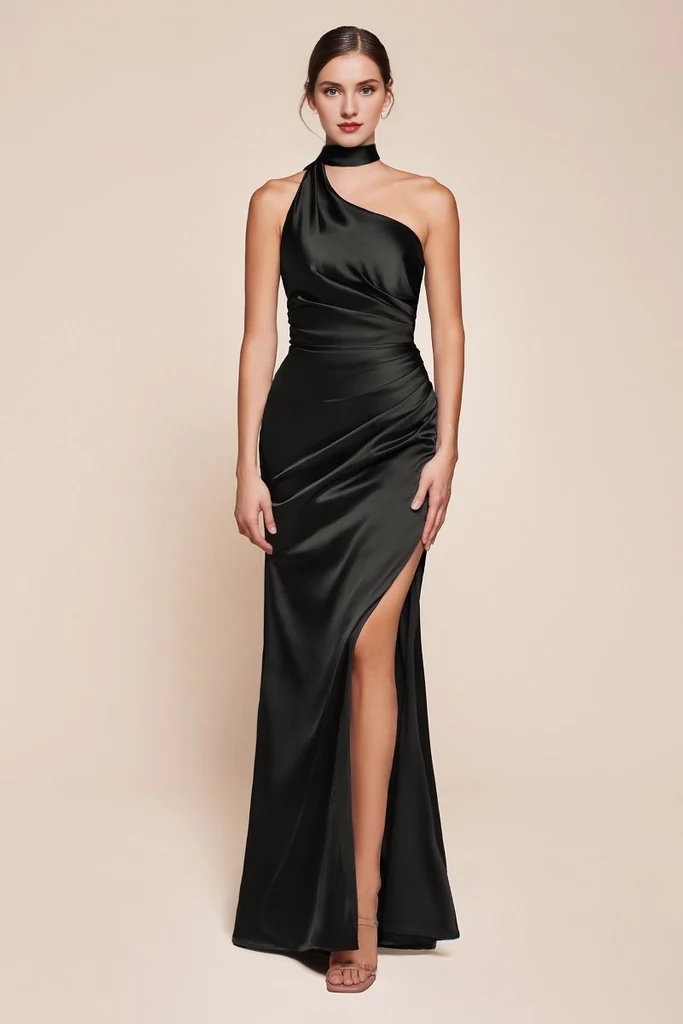 One-Shoulder Satin Floor-Length Evening Gown - Chloe Dress