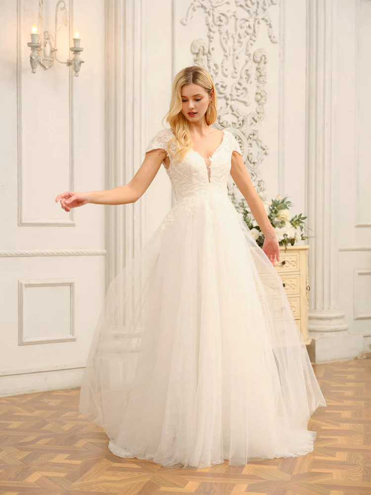 V-Neck Short Sleeve Applique Mini Wedding Dress - Chloe Dress