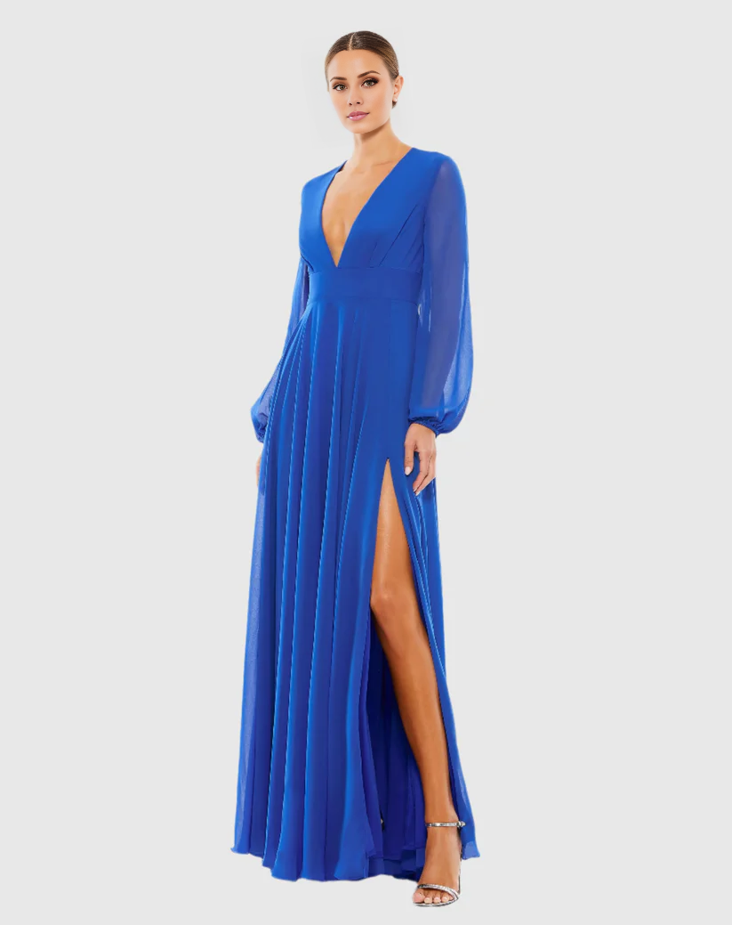 V-Neck Chiffon Long Sleeve High Slit Floor-Length Evening Dress - Chloe Dress