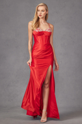 Satin Long Sleeve High Slit Dress - Chloe Dress