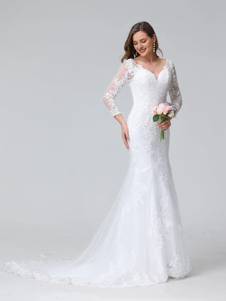 V-Neck Lace Long Sleeve Wedding Dress - Chloe Dress