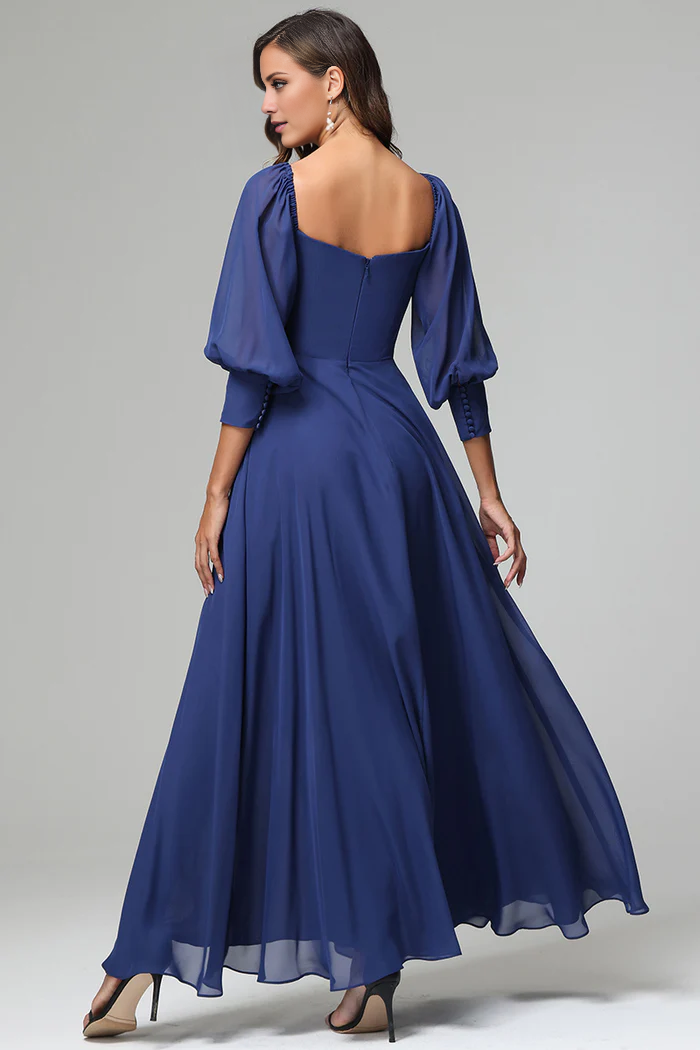 Square Neck Chiffon Three-Quarter Sleeve High Slit Floor-Length Wedding Dress - Chloe Dress