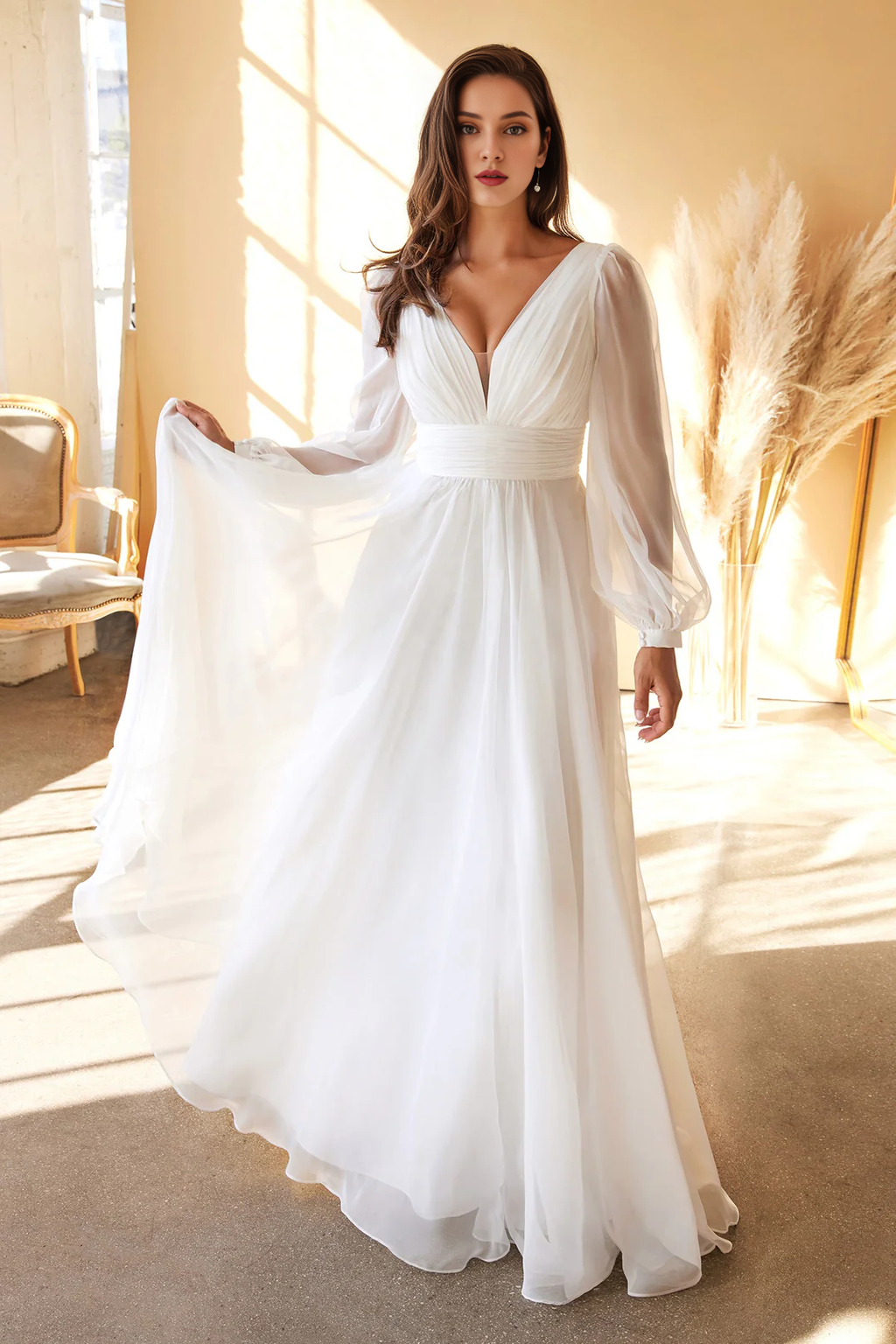 White Chiffon Long Sleeve Wedding Dress - Chloe Dress