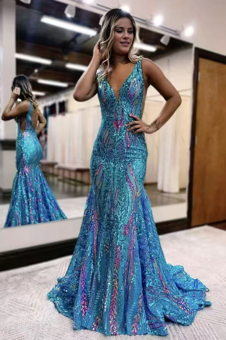 Blue Mermaid V-Neck Lace Ball Dress - Chloe Dress