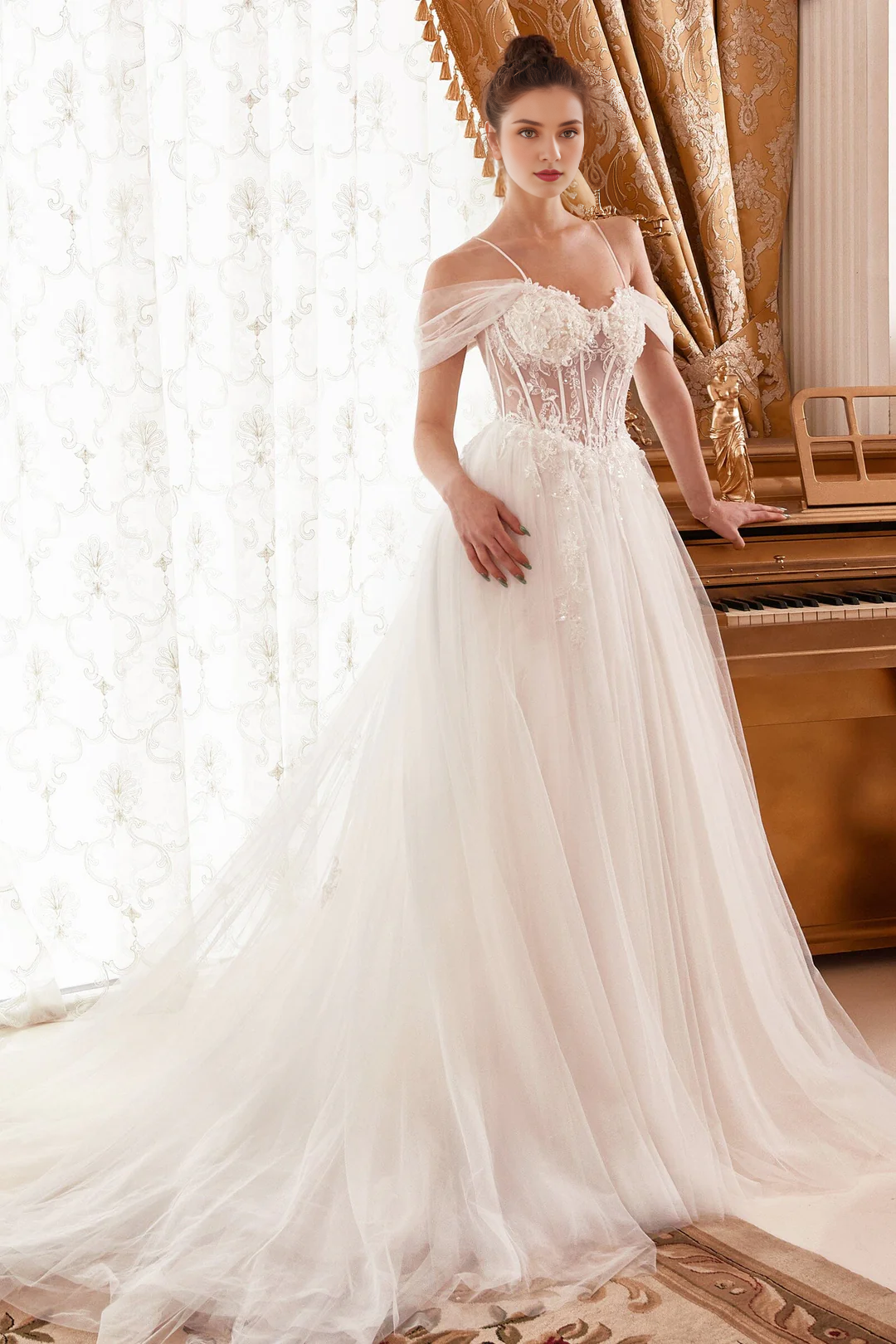 Cold Shoulder Lace-Up Back Embroidered Wedding Dress - Chloe Dress