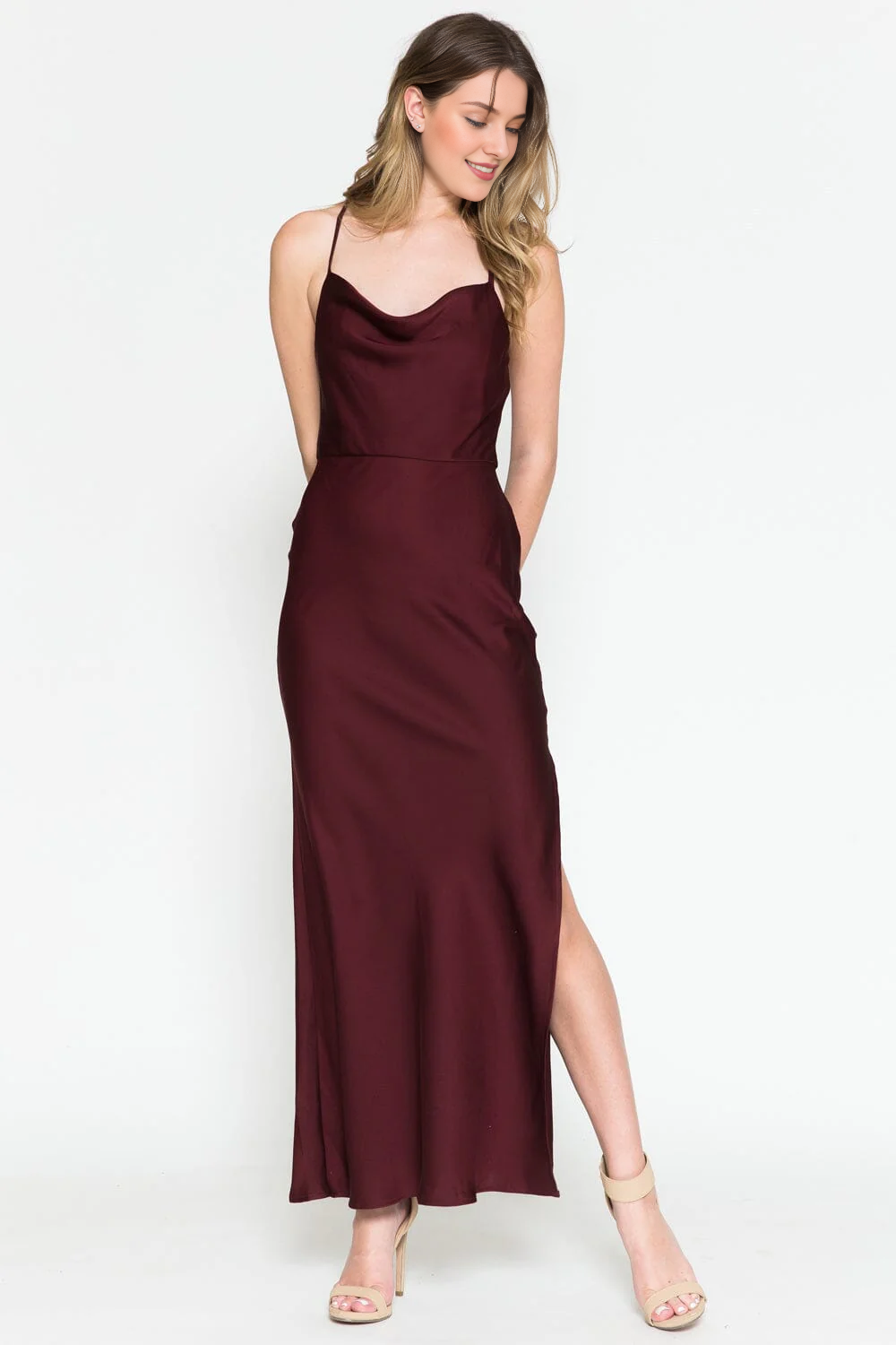 High Neck Satin Long Sleeve High Slit Dress - Chloe Dress
