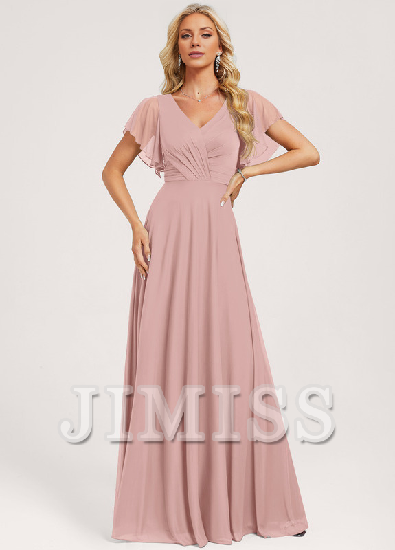 A-Line V-Neck Mesh Ruffled Floor-Length Wedding Dress - Chloe Dress