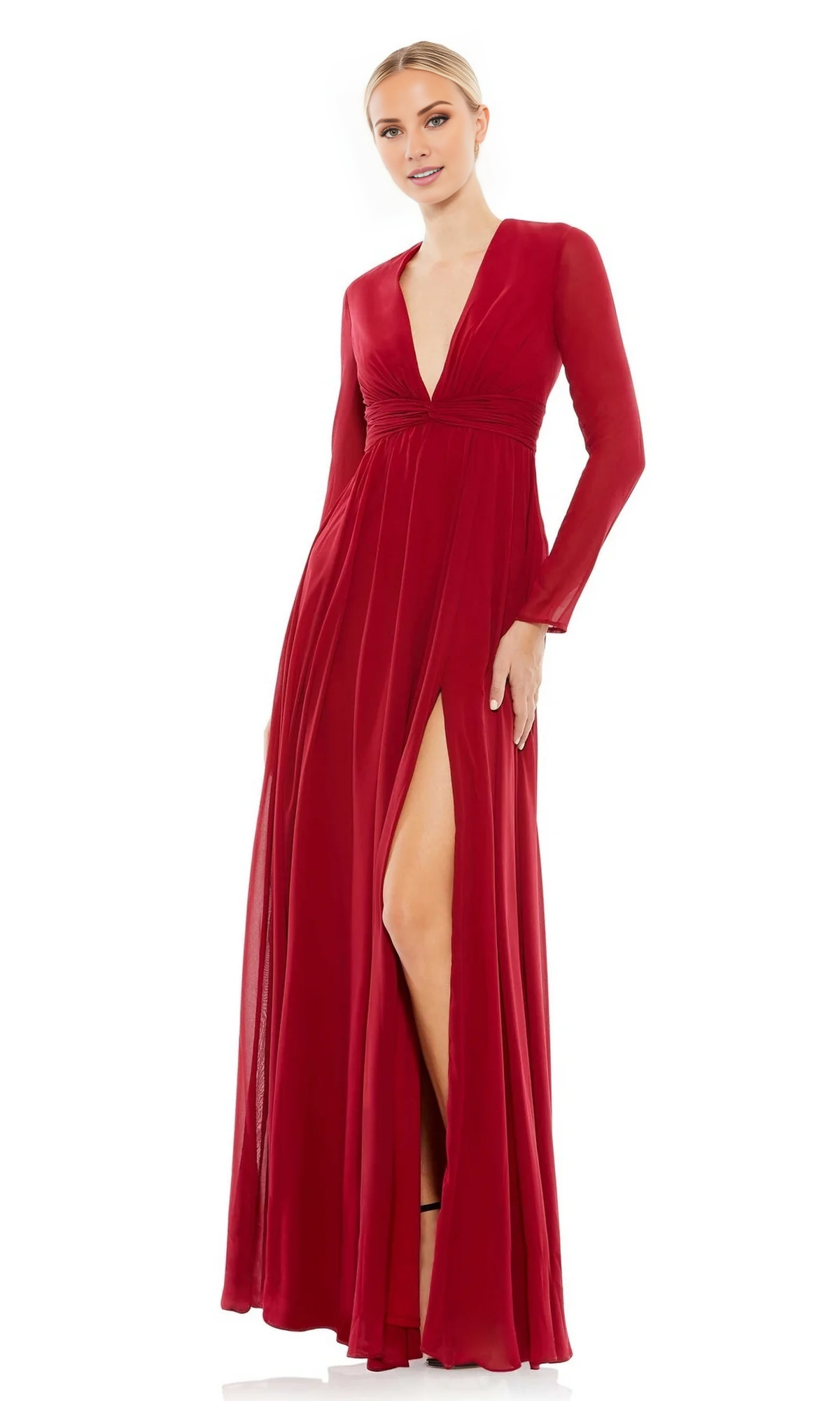 V-Neck Long Sleeve High Slit Floor-Length Evening Dress - Chloe Dress
