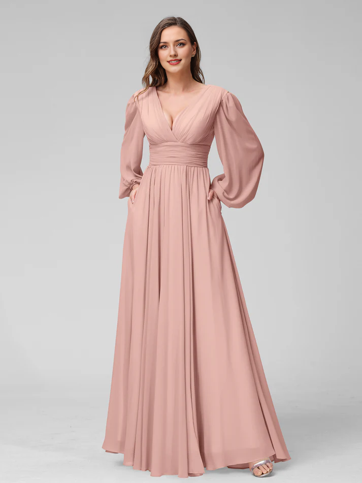 A-Line V-Neck Chiffon High Slit Floor-Length Wedding Dress - Chloe Dress