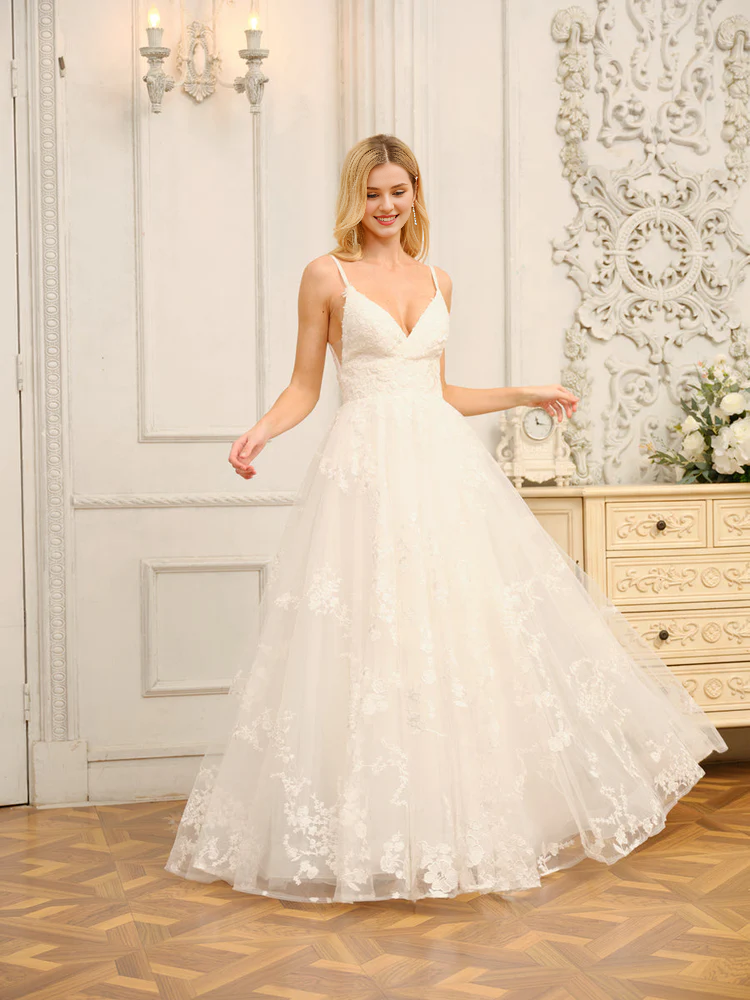 A-Line V-Neck Sleeveless Applique Wedding Dress - Chloe Dress