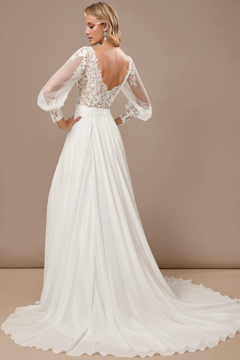 A-Line V-Neck Chiffon Long Sleeve Wedding Dress - Chloe Dress
