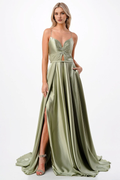 A-Line Satin Long Sleeve High Slit Dress - Chloe Dress