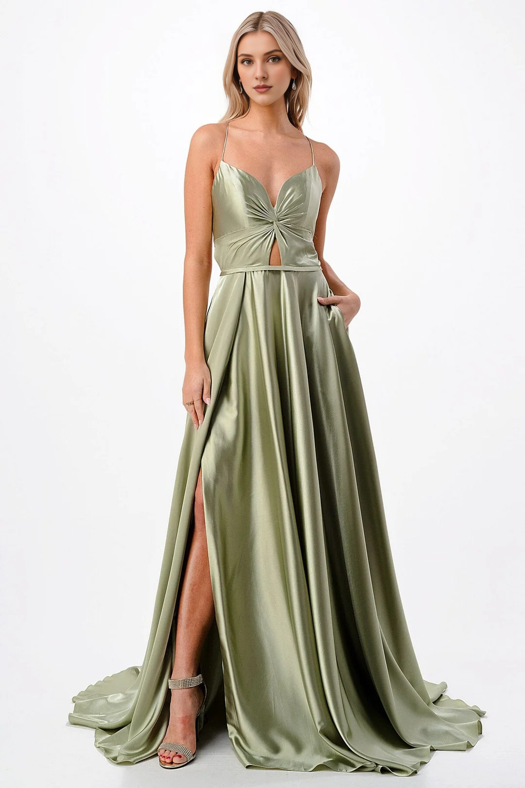 A-Line Satin Long Sleeve High Slit Dress - Chloe Dress