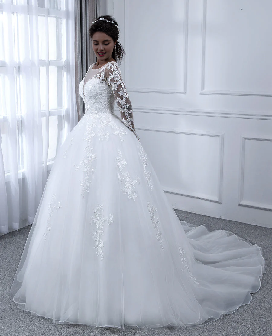Ball Gown Chiffon Long Sleeve Applique Wedding Gown - Chloe Dress